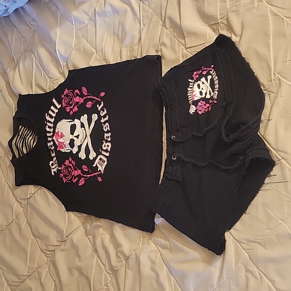 Beautiful Disaster tank and short distressed set, size medium, black/pink